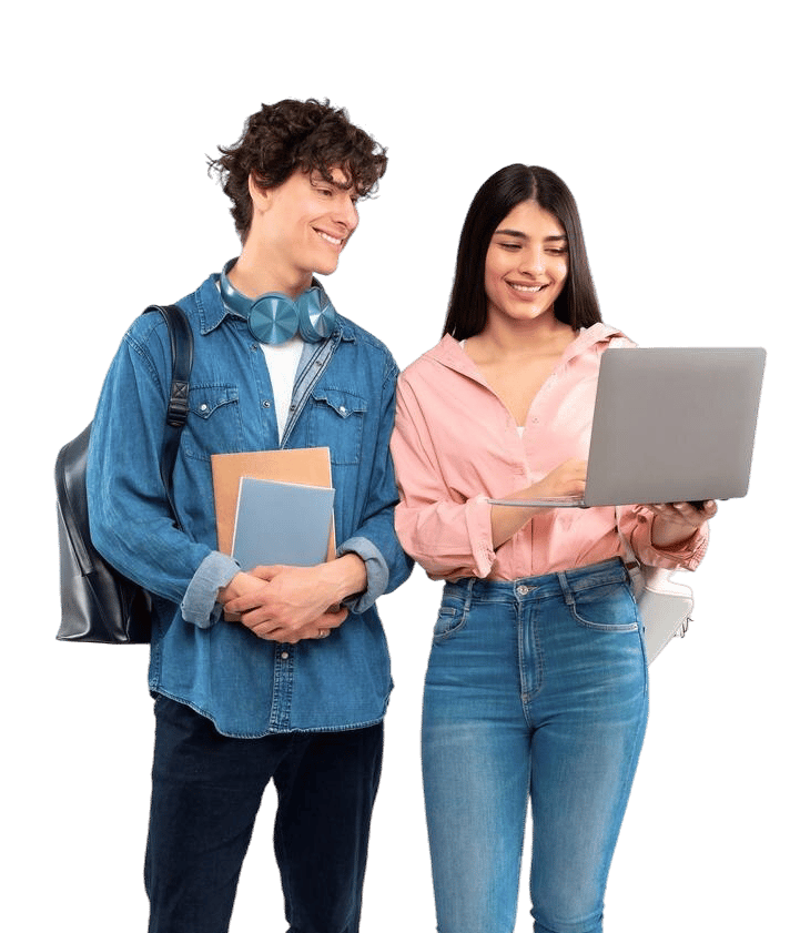 happy-students-couple-using-laptop-studying-white-background happy-students-couple-using-laptop-studying-white-background